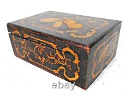 Antique Document Box With Penwork Musical Instrument Decoration