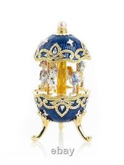 Blue Wind up Easter Egg horse Carousel by Keren Kopal music box with crystal