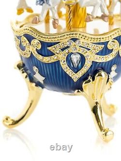 Blue Wind up Easter Egg horse Carousel by Keren Kopal music box with crystal