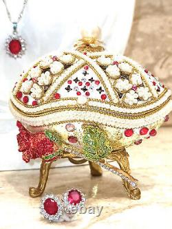 Christmas gift for women Silver Ruby Jewelry SET Faberge Egg Music Box Trinket