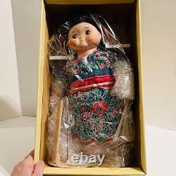 Dolly Dingle Porcelain Musical Doll Black Hair Asian Dress with White Fan Box