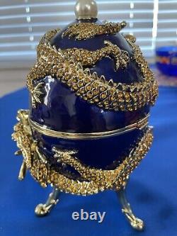 Keren Kopal Large Blue Faberge Egg Trinket/music Box Dual Dragon Limited Edition