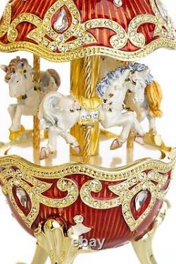 Red Wind up Easter Egg horse Carousel by Keren Kopal music box with crystal