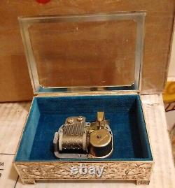 Schmid Music Box Japan Glass See-Thru Filigree Silvertone Metal Vintage Original