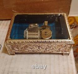 Schmid Music Box Japan Glass See-Thru Filigree Silvertone Metal Vintage Original