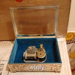 Schmid Music Box Japan Glass See-Thru Filigree Silvertone Metal Vintage Original