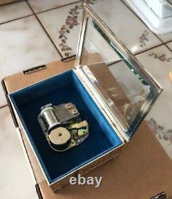 Schmid Music Box Japan Glass See-Thru Filigree Silvertone Metal Vintage Original