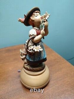 Vintage ANRI Girl Smelling Flowers Reuge Swiss Movement Music Box EdelWeiss 8.5