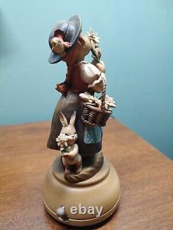 Vintage ANRI Girl Smelling Flowers Reuge Swiss Movement Music Box EdelWeiss 8.5