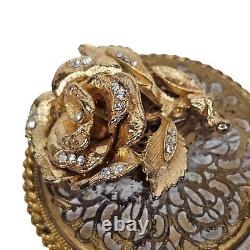 Vintage Austria Music Box Brooch Rhinestone Rose Pin Pendant Necklace Works