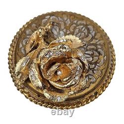 Vintage Austria Music Box Brooch Rhinestone Rose Pin Pendant Necklace Works