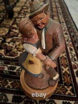 Vintage Black Forest style German Wood Carved Music Box Dancing Couple