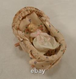 Vintage Dollhouse Moving Cradle Music Box Pink Wood with Doll Brahms Lullaby EUC