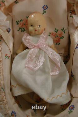 Vintage Dollhouse Moving Cradle Music Box Pink Wood with Doll Brahms Lullaby EUC