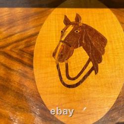 Vintage Equestrian Lacquer Finish Inlaid Wood Horse Music Storage Box Free Ship