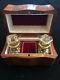 Vintage French Perfume Wood Inlaid Music Box With Baccarat Crystal Scent Bottles