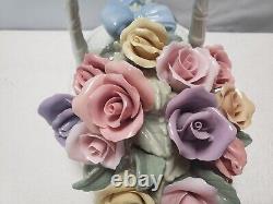 Vintage Large Porcelain Roses Bouquet Flowers Basket Music Box 14