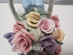 Vintage Large Porcelain Roses Bouquet Flowers Basket Music Box 14