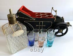 Vintage Metal Car Music Box Decanter Bar Barware withBottle & 6 Shot Glasses Japan