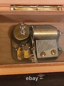 Vintage THORENS Music Box Glossy Finish Burl Wood Box play EDELWEISS Start Lever