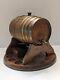 Vintage Wooden Oak Barrel & Tap Brass Rings Shot Glass Stand Music Box 11.75