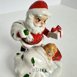 Vtg Lefton 1887 Ceramic Christmas Music Box Santa with Gift & Sleeping Child RARE