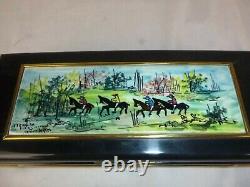 Vtg Mid Century Modern Lacquer Music Box Ceramic PierGiovanni Urbino Fox Hunt